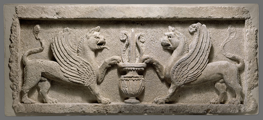 Door lintel with lion-griffins and vase with lotus leaf