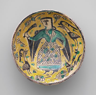 Two Bowls with Figures and a Footed Plate with Birds
