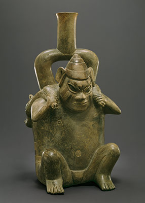 Stirrup Spout Bottle: Figure Carrying Deer