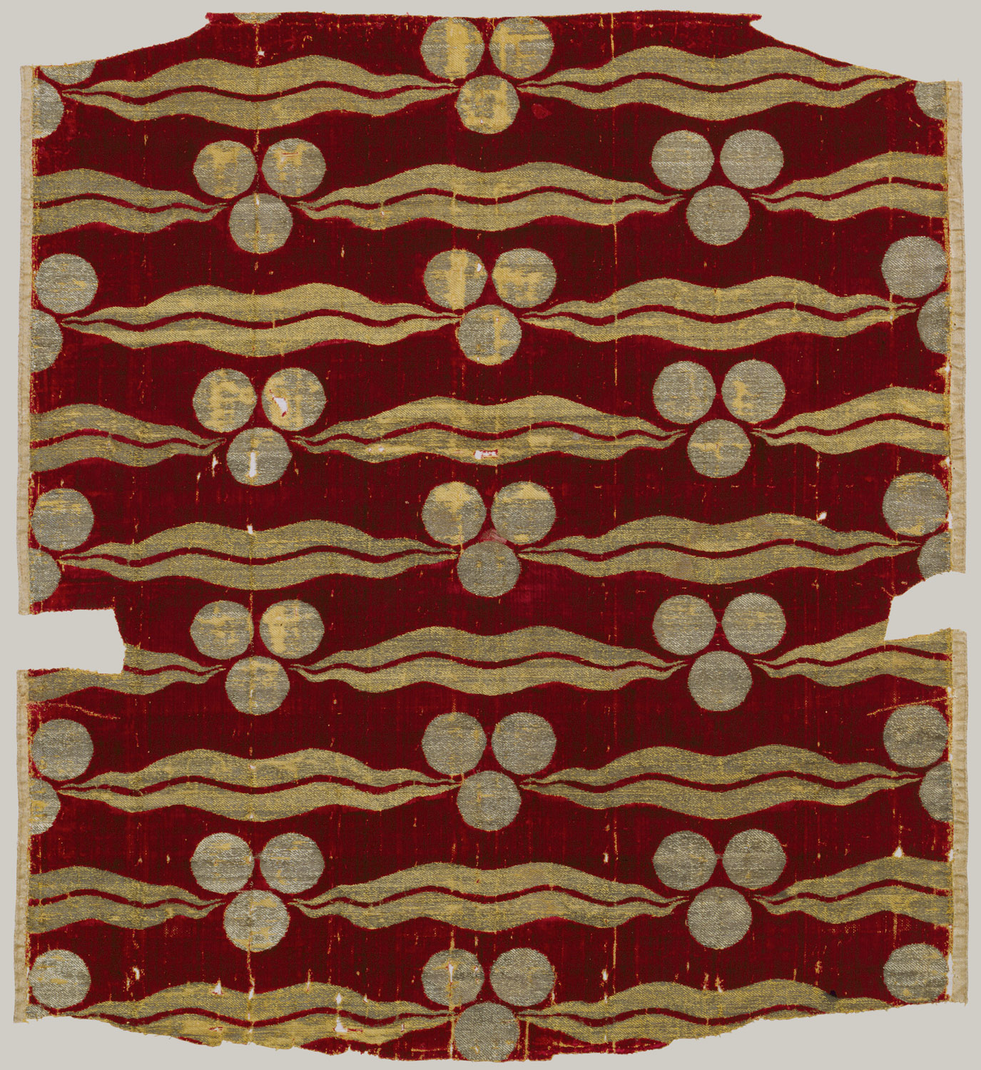 Fragmentary Silk Velvet with Repeating Tiger-stripe and Chintamani Design