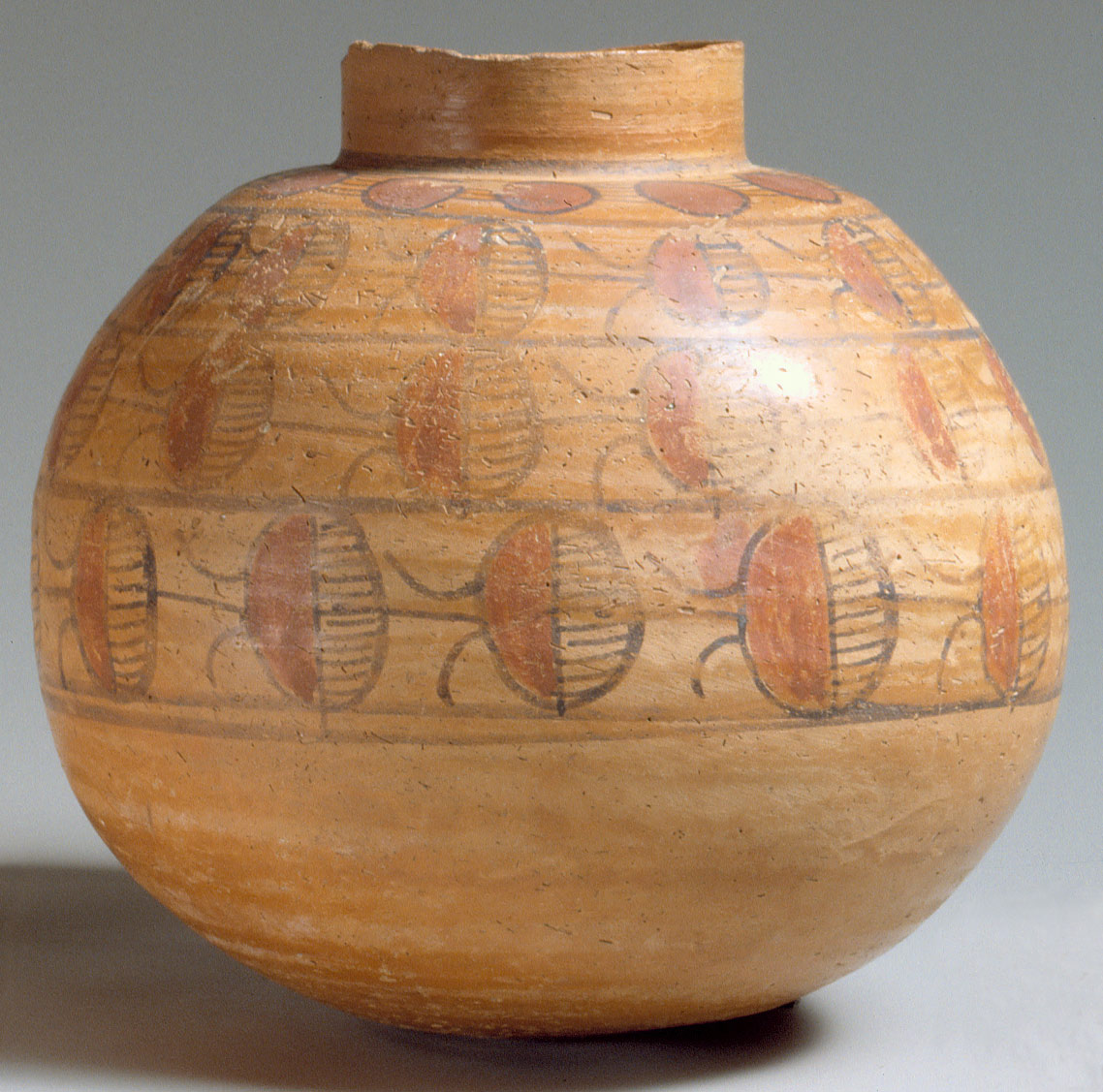 Spherical jar with four rows of painted decoration