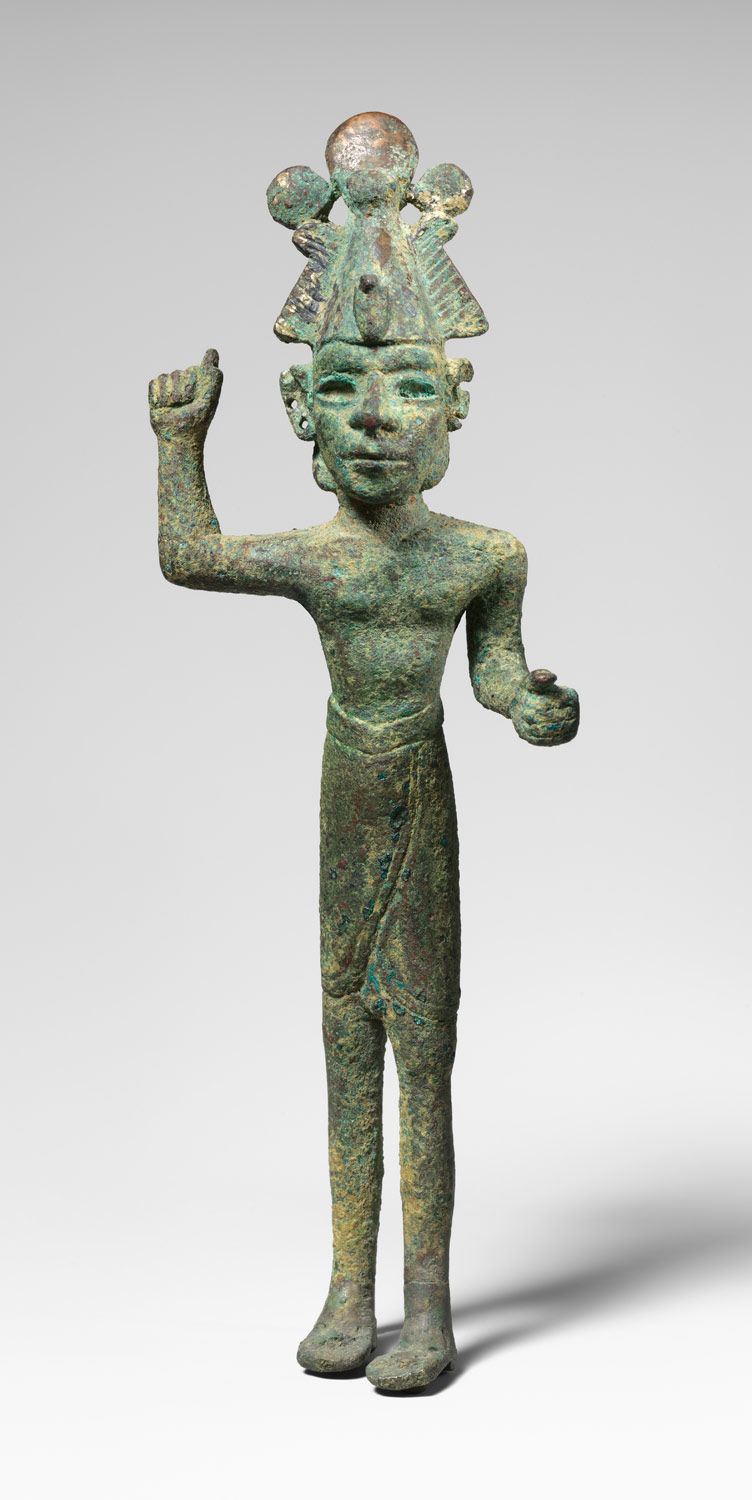 Smiting god wearing an Egyptian atef crown