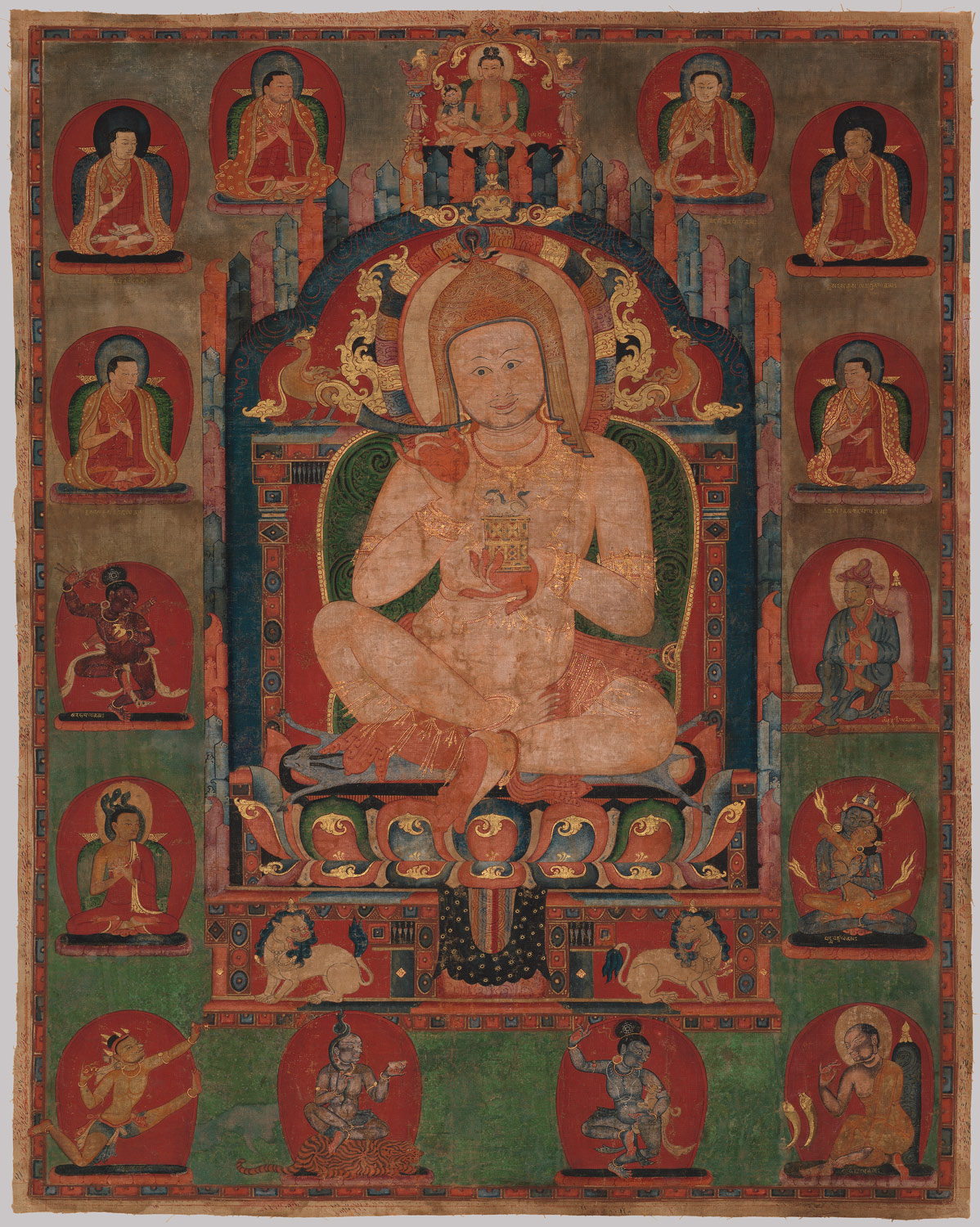 Portrait of Jnanatapa surrounded by lamas and mahasiddhas