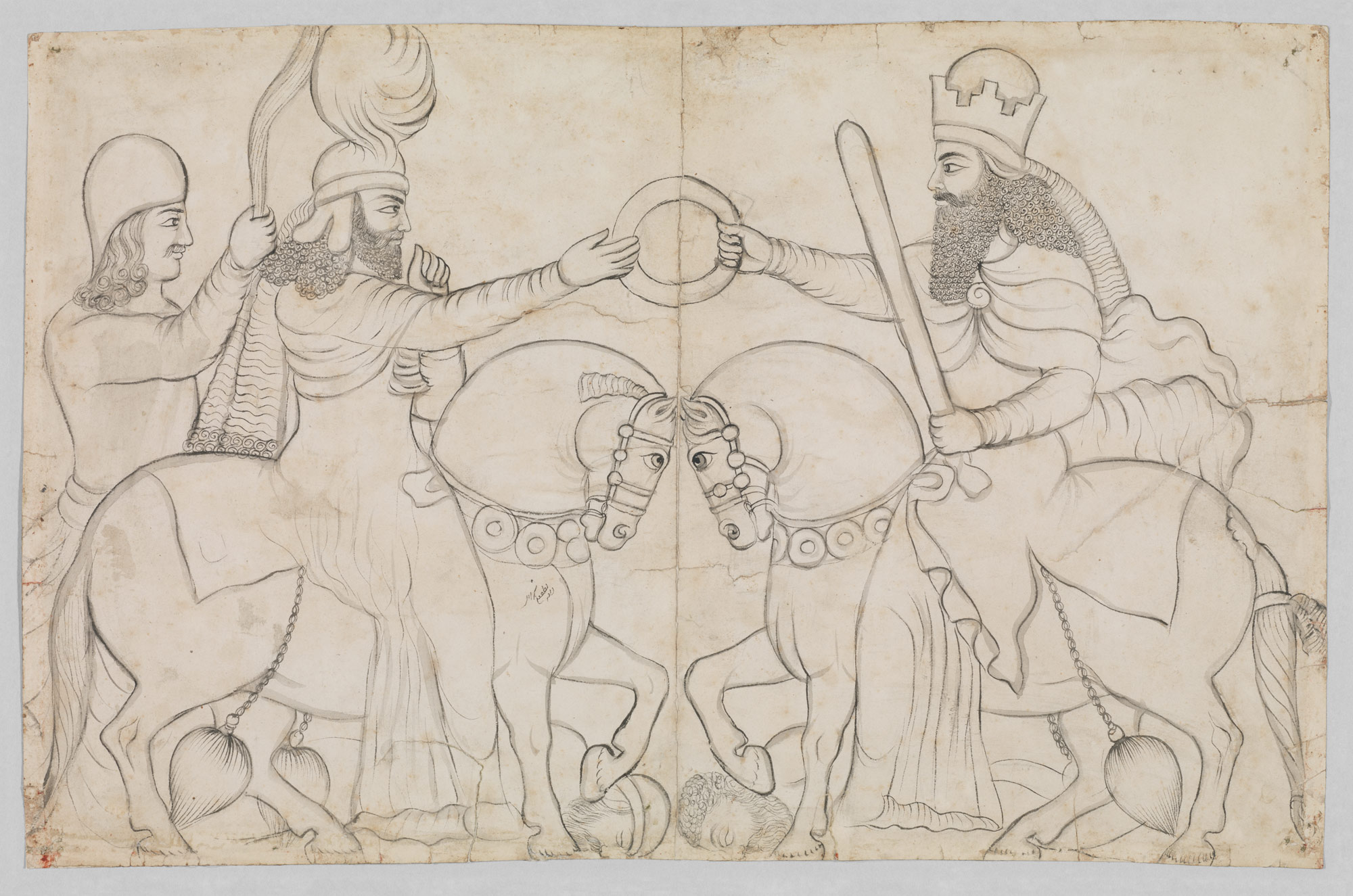 Drawing of Sasanian rock relief: Ardashir I (r. A.D. 224-241) and the Zoroastrian divinity Ahura Mazda at Naqsh-i Rustam, southern Iran