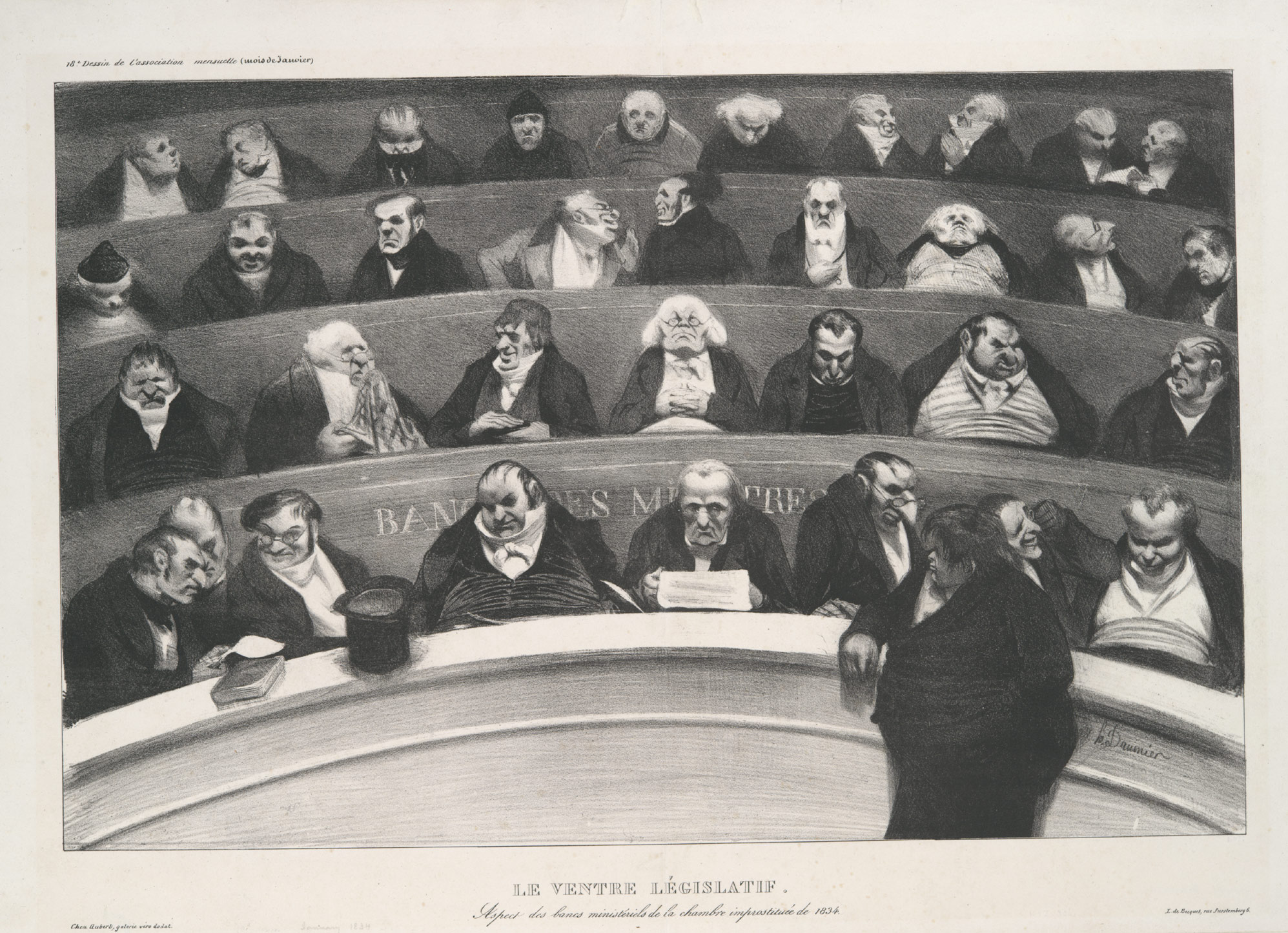 Captions; Le ventre législatif: Aspect des bancs ministériels de la chambre improstituée de 1834 ');