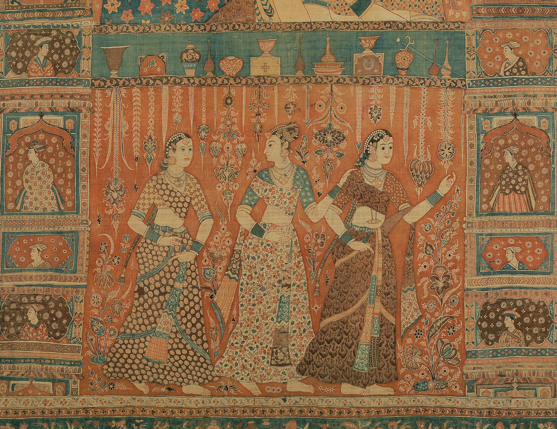 Kalamkari hanging with figures in an architectural setting 