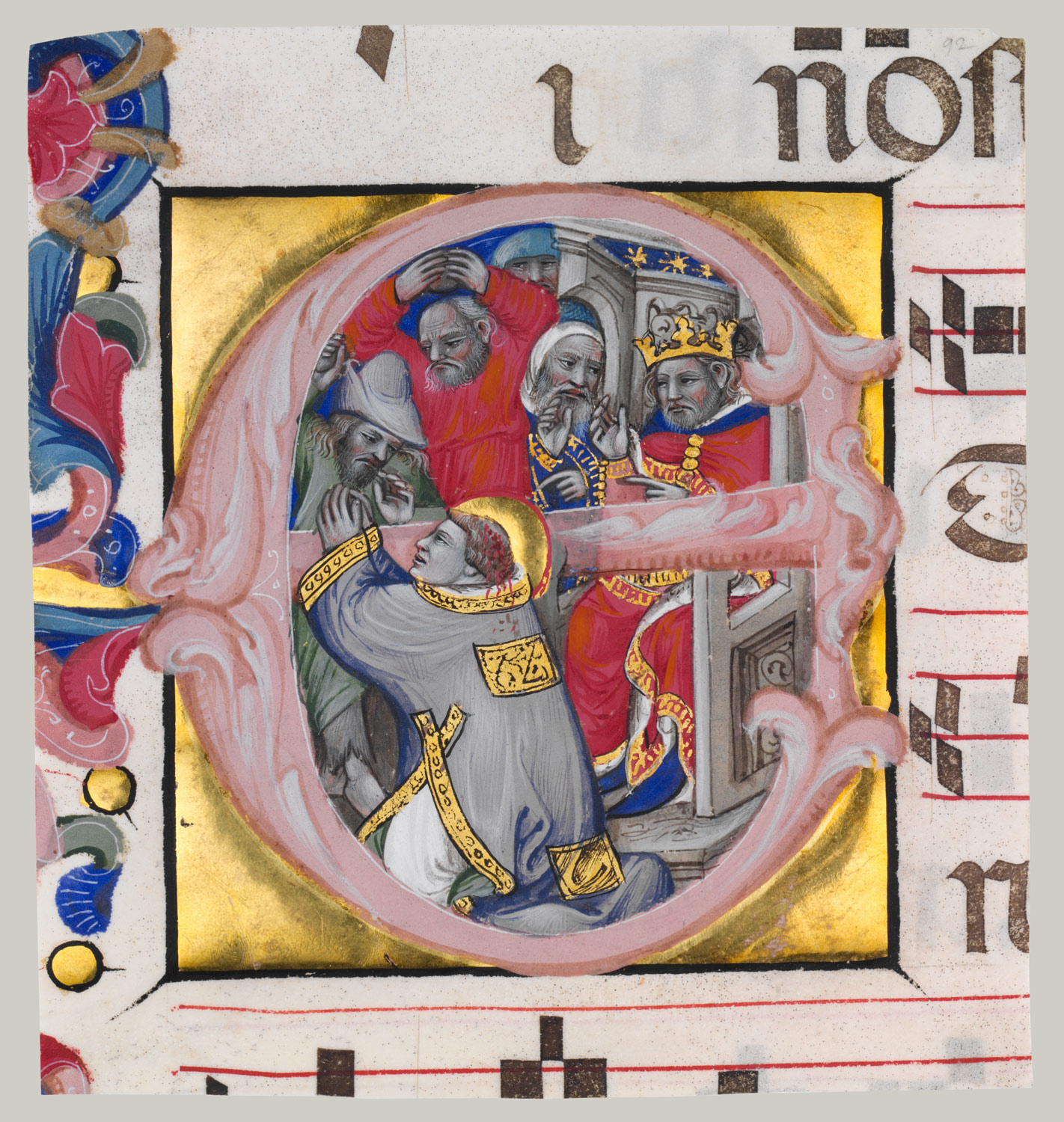 Manuscript Illumination with the Martyrdom of Saint Stephen in an Initial E, from a Gradual