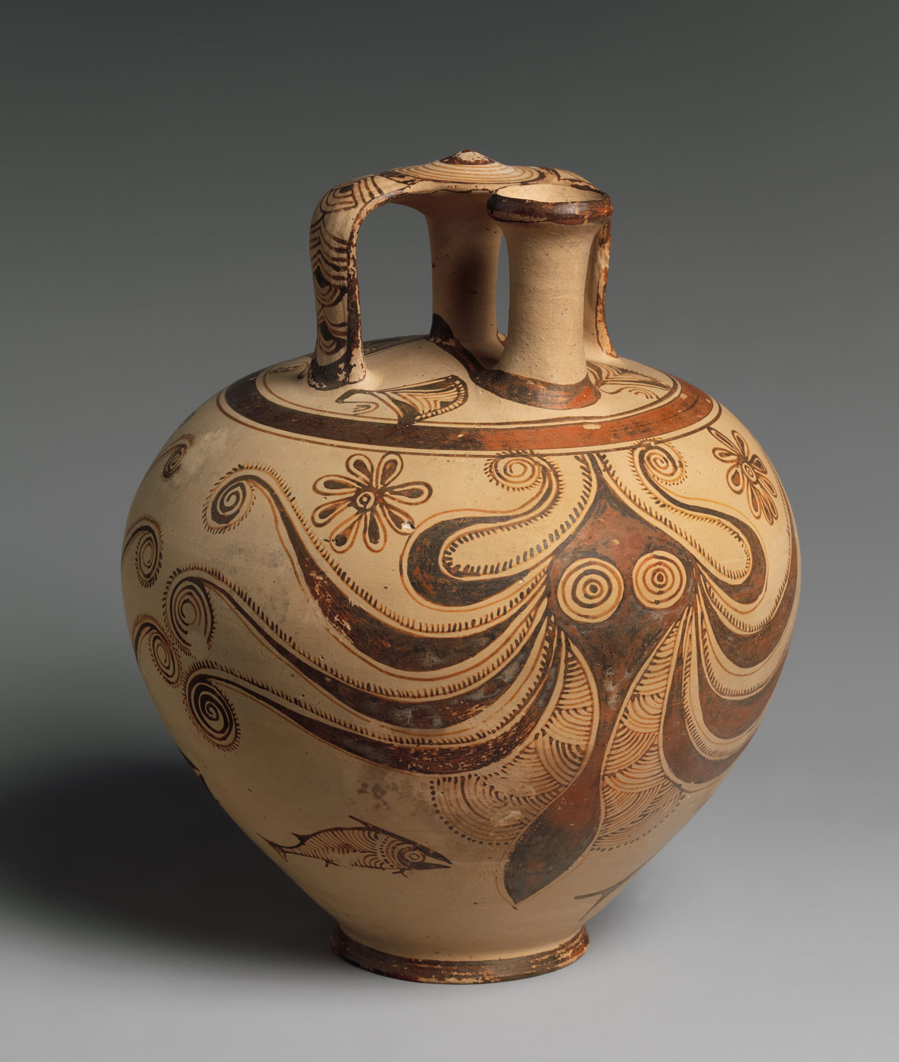 Terracotta stirrup jar with octopus