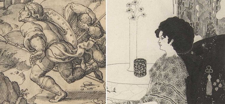 Left: an ink drawing of a Roman soldier running down a path. Right: a stylized profile drawing of a woman in an elegant dress seated beside a long vase and a smaller ornate vessel.
