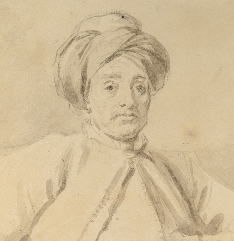 an ink drawing of the head and chest of a man wearing a turban.