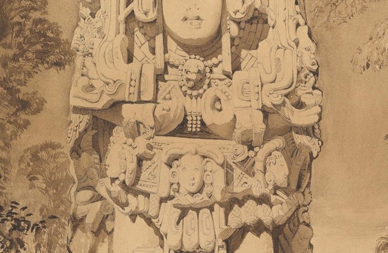 a sepia-hued photorealistic ink drawing of an ornate stone statue of a female figure.