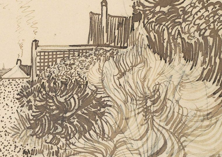 A detail of an impressionistic drawing of some bushes beside a fence with a cottage in the distance.