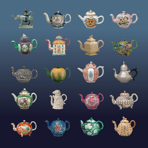 Promotional image for The Met's British Galleries, featuring an array of teapots.