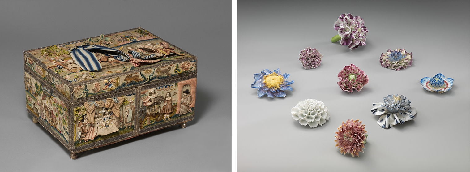 On the left and image of a Casket with Scenes from the Story of Ester and on the right a collection of nine beautiful porcelain flowers. 