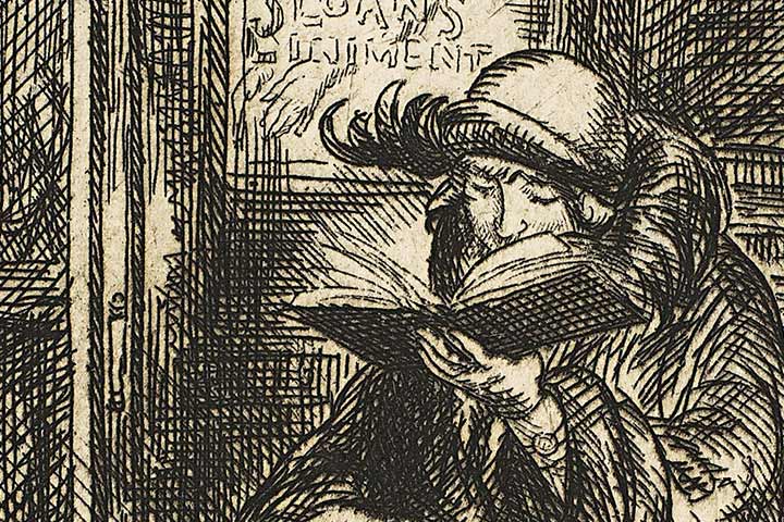 Black-ink drawing of an elderly woman reading a book